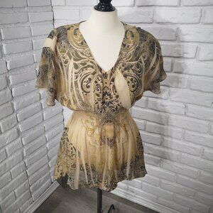 Dress Barn Ladies Size Medium Gold Brown Cream & Green Lightweight Blouse